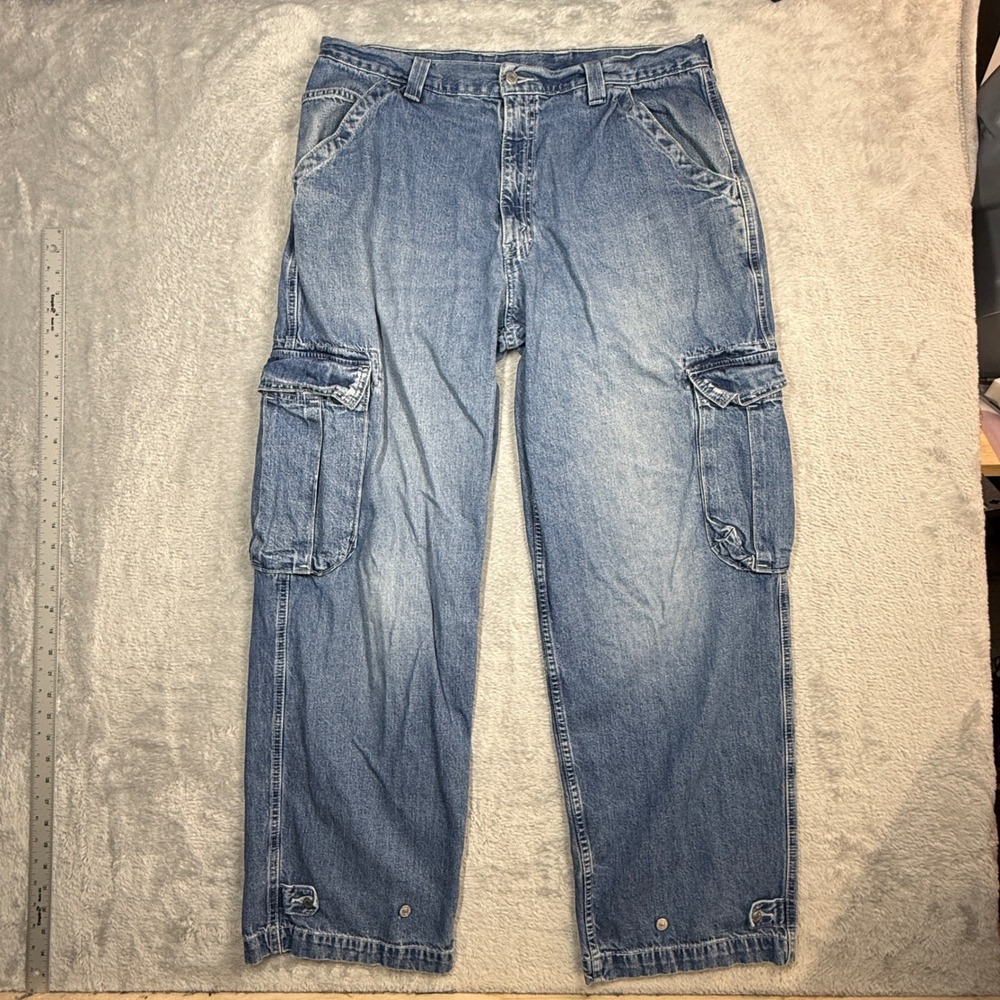 Vintage Levis Loose Cargo Pants Mens 38x32 Baggy Skater Blue Faded Denim 90s